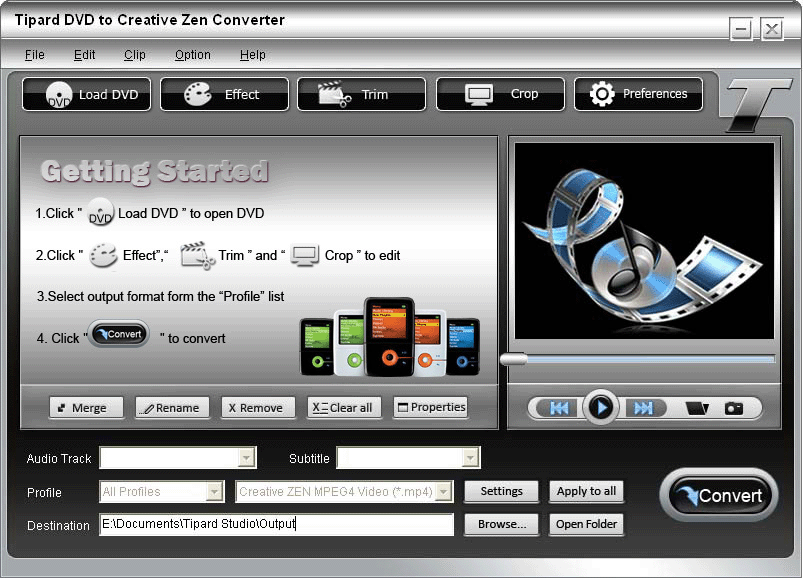 Screenshot of Tipard DVD to Creative Zen Converter