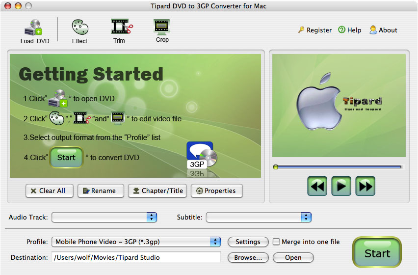 Screenshot of Tipard DVD to 3GP Converter for Mac