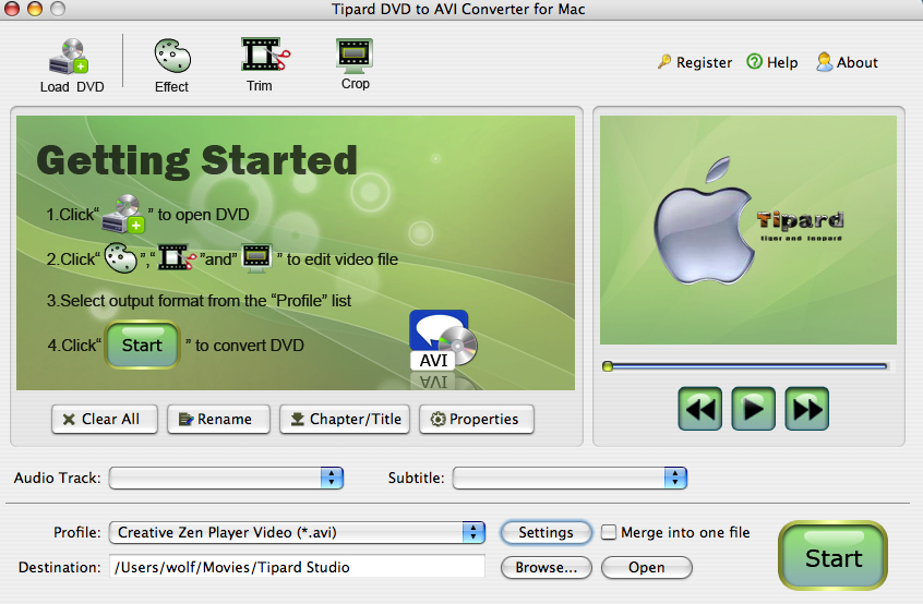 Screenshot of Tipard DVD to AVI Converter for Mac