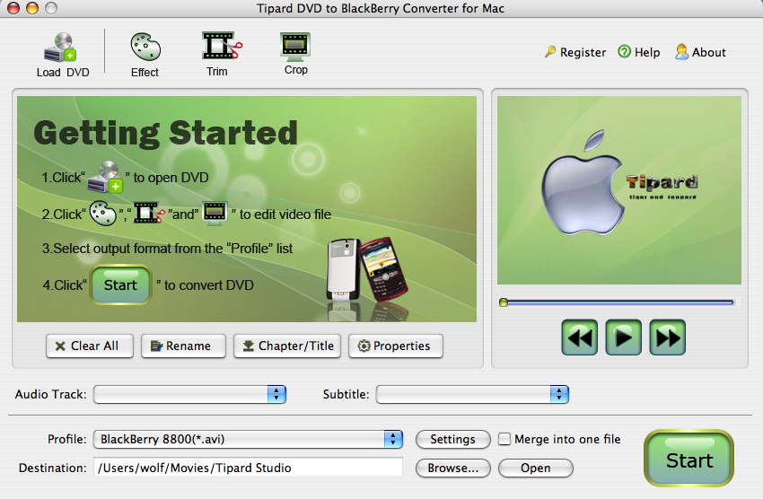 Screenshot of Tipard DVDtoBlackBerry Converter for Mac