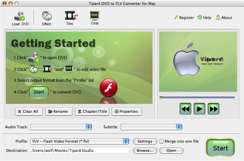 Screenshot of Tipard DVD to FLV Converter for Mac