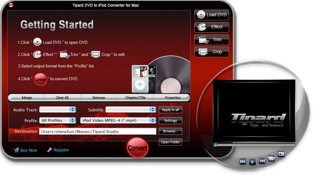 Screenshot of Tipard DVD to iPod Converter for Mac