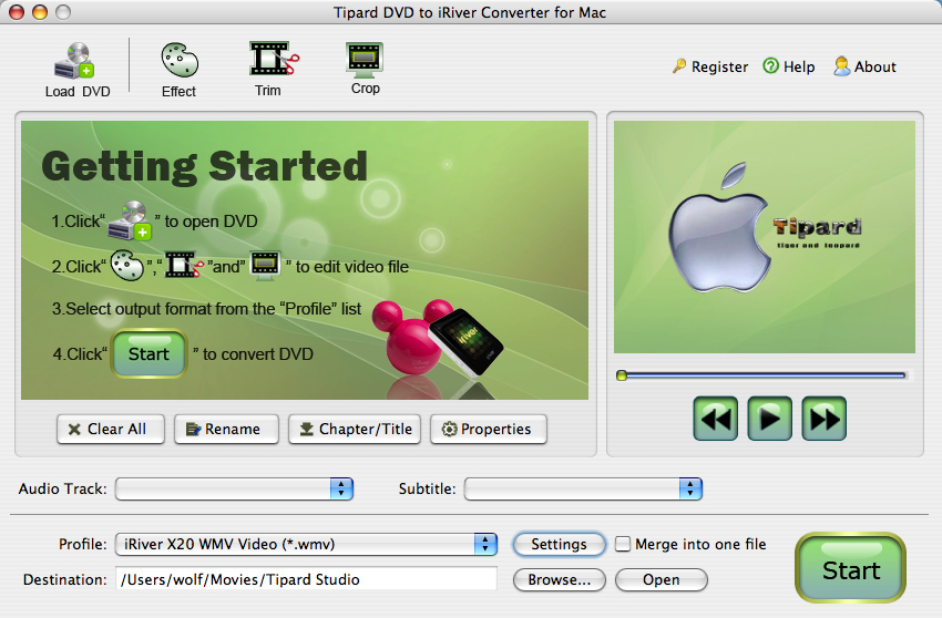 Screenshot of Tipard DVD to iRiver Converter for Mac
