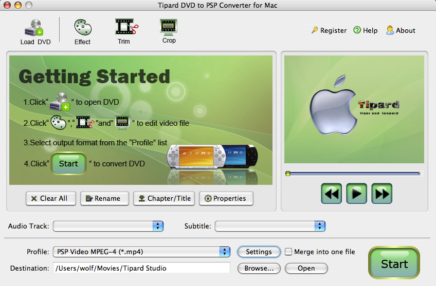 Screenshot of Tipard DVD to PSP Converter for Mac
