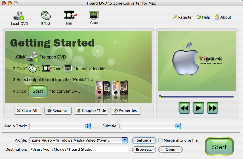 Screenshot of Tipard DVD to Zune Converter for Mac