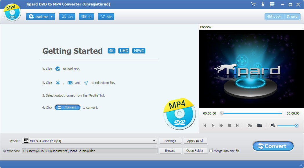 Rip DVD to MP4 and other popular video format, convert DVD to audio format.