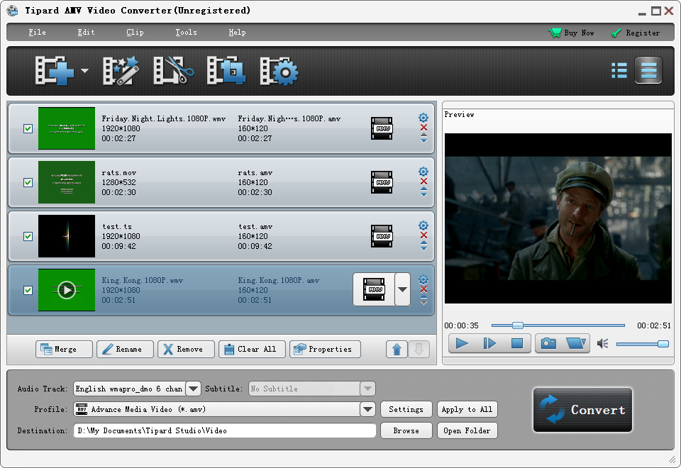 Convert videos to AMV, get MP3, MP2, and WAV audio, capture the snapshot images.