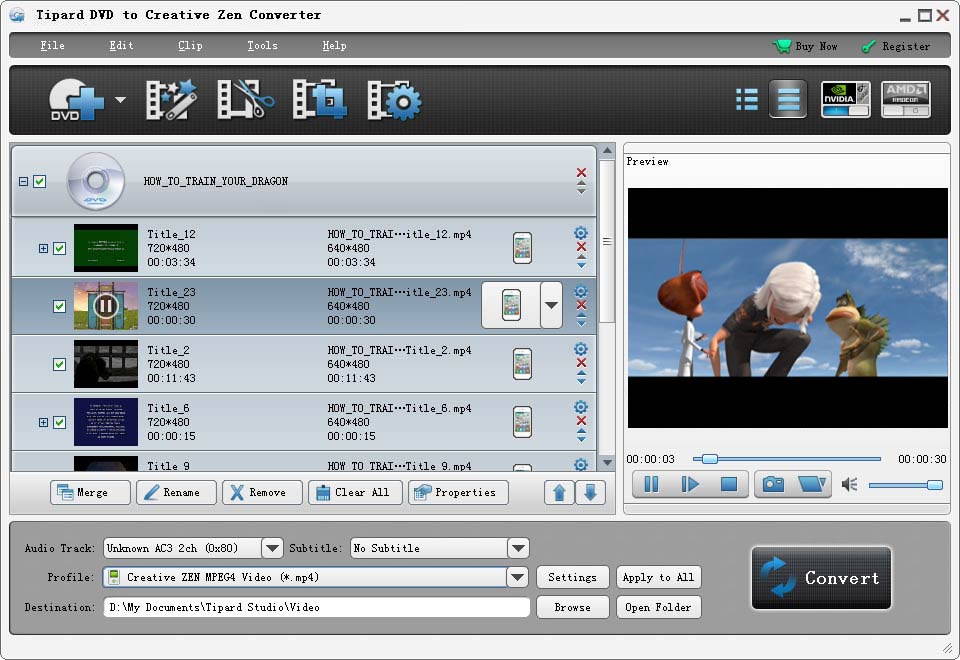 Convert DVD to Creative Zen compatible format and any audio format.