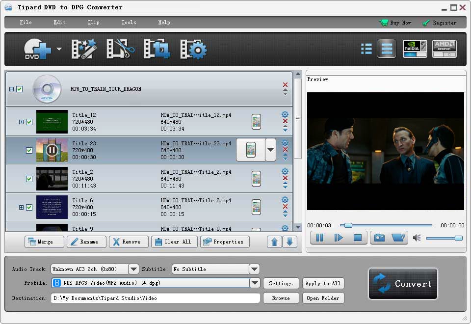 Convert DVD to DPG and other popular video format, extract audio from DVD file.