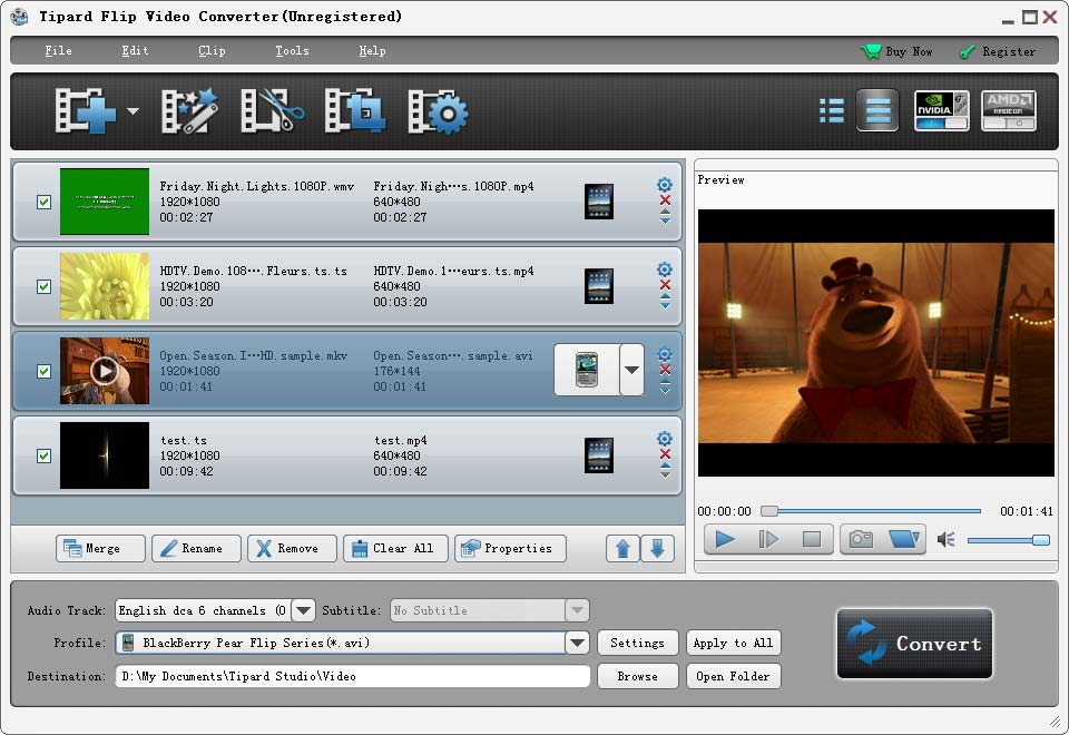 Convert Flip video to any other formats, and select audio track and subtitle.