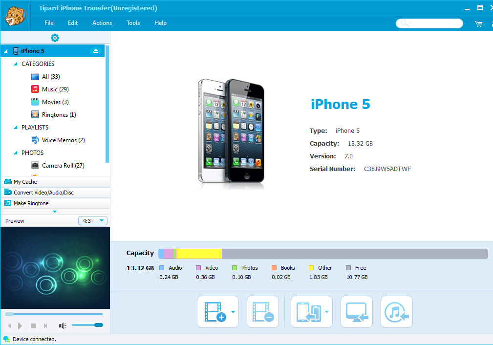 Transfer files from iPhone to PC, import general files from PC to iPhone.