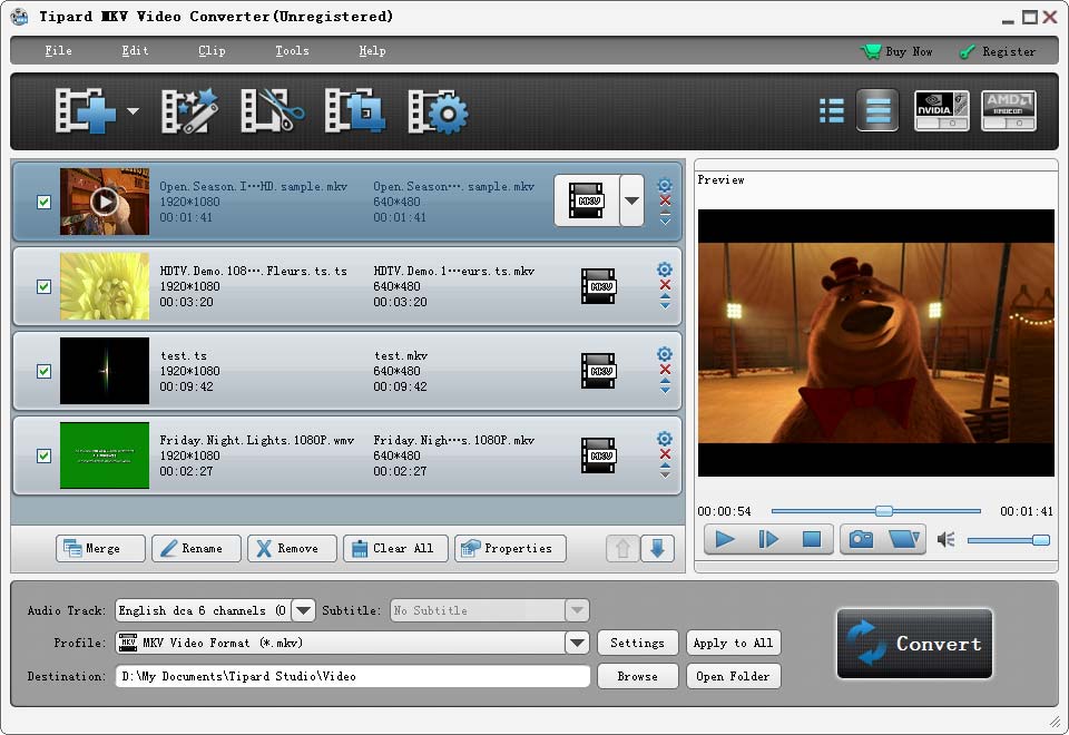 Convert MKV file to other popular videos and MP3/WMA/WAV, etc audio files. 