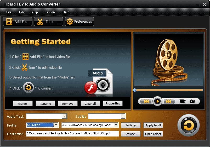 Convert FLV to MP3, AAC, etc audio format and capture images from FLV video.