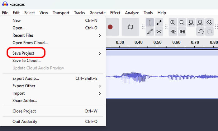File Section Save Project Audacity