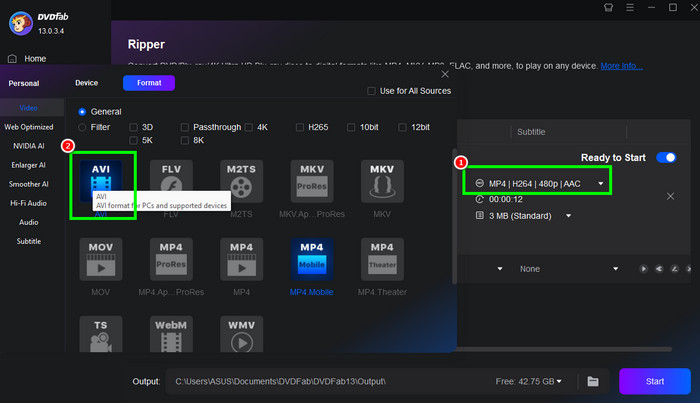 Format Option AVI DVDfab