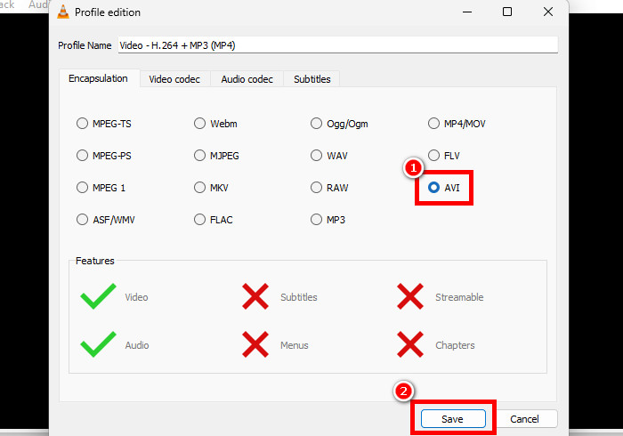 Profile Select AVI AVE VLC