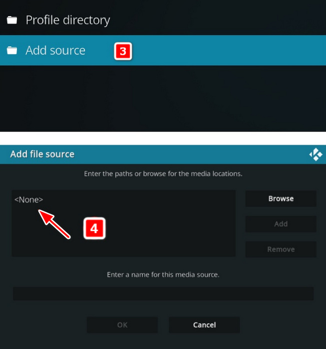 Click Add Source And None Buttons