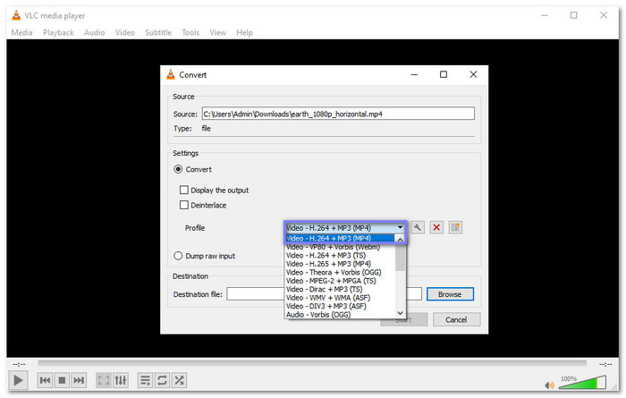 VLC convert H.265 to H.264