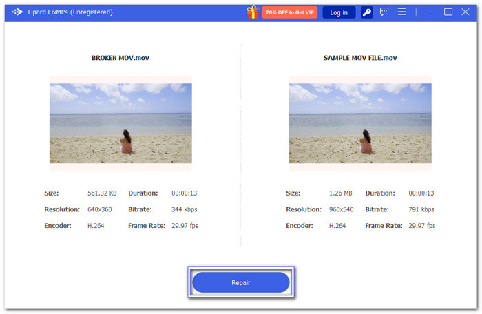 Click Repair to Start Repairing MOV File