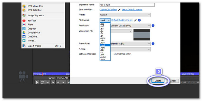 Click Create to Inititae The VPJ File to MP4 Conversion