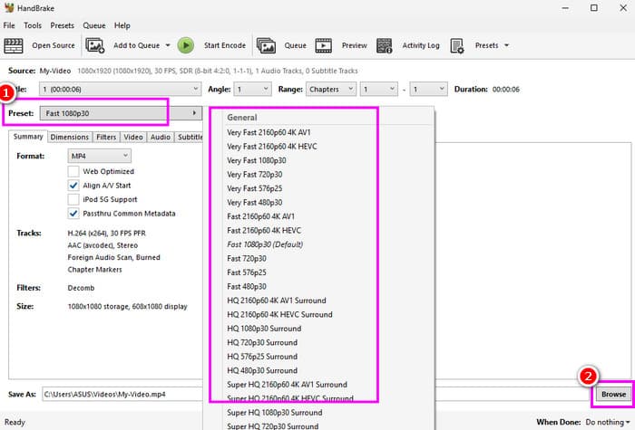 Choose Preset Handbrake