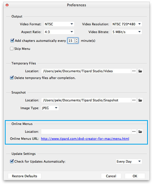 Preferences Menu Settings