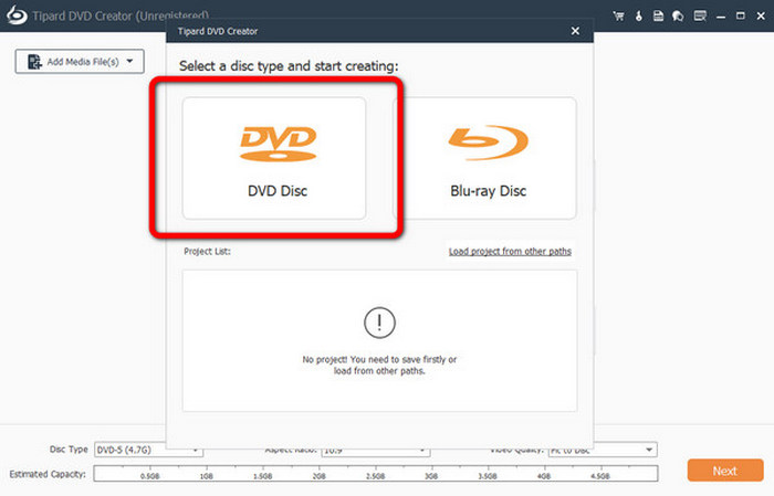 Sélectionnez l'option de disque DVD