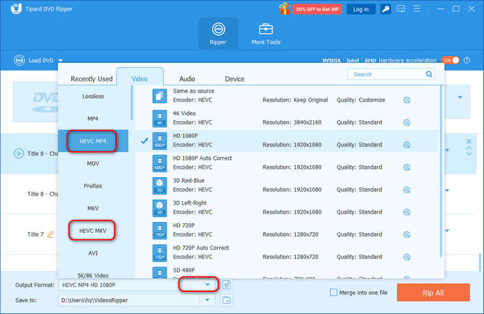 Choose a Format with HEVC Codec