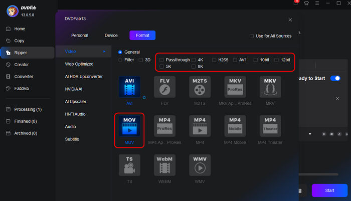 Customize MOV in DVDFab