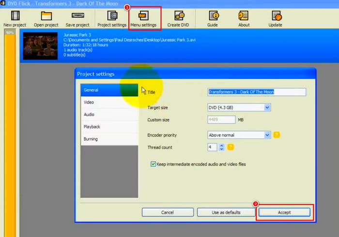 Menu Settings Accept Dvd Flick