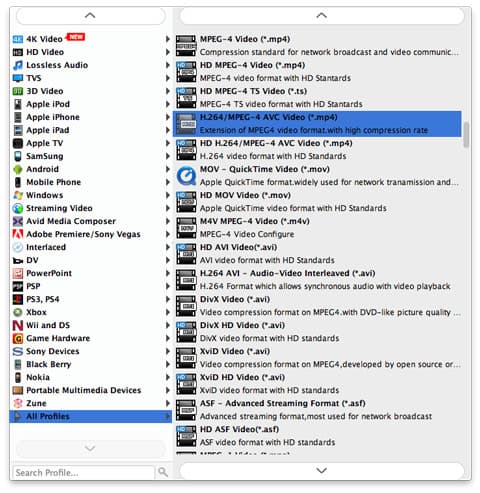 Scegli il file di output h264