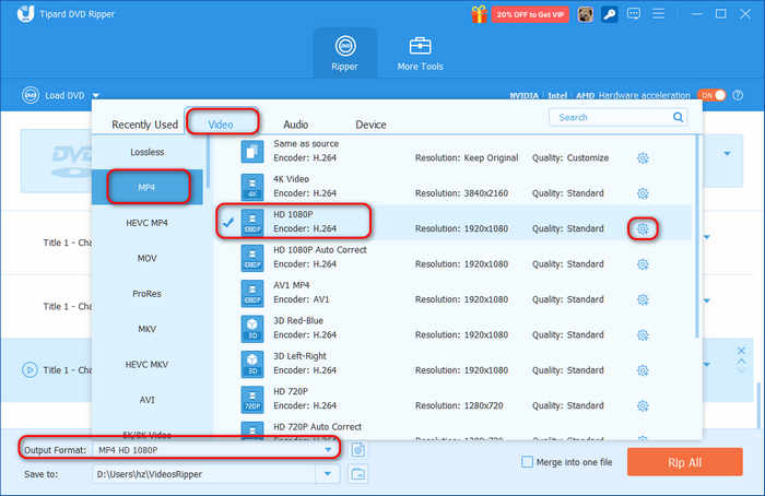 Choose MP4 with H.264 and AAC in Tipard DVD Ripper