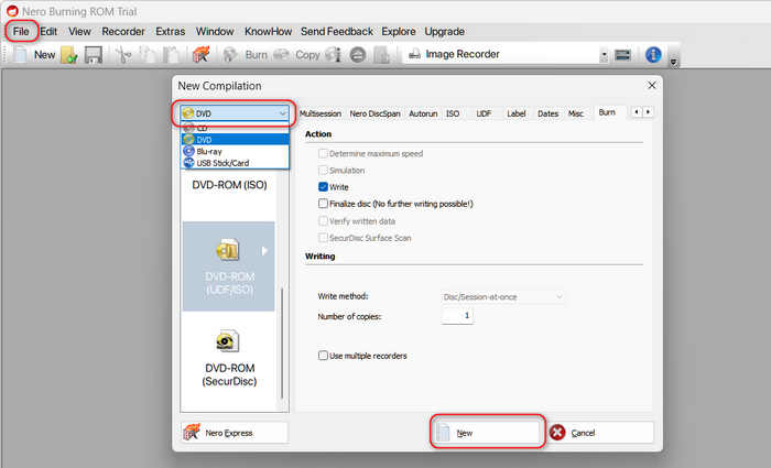 Create New Project in Nero