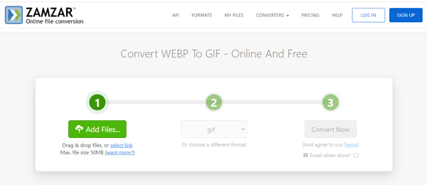 Zamzar webp'den gif'e