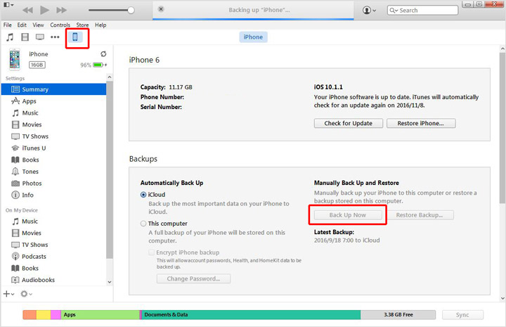 استخدم iTunes لعمل نسخة احتياطية من iPhone