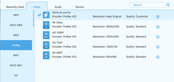 ProRes Output Presets in Tipard