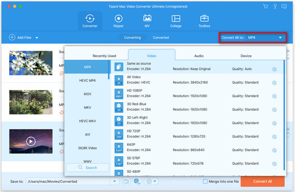 Seleziona il formato di output