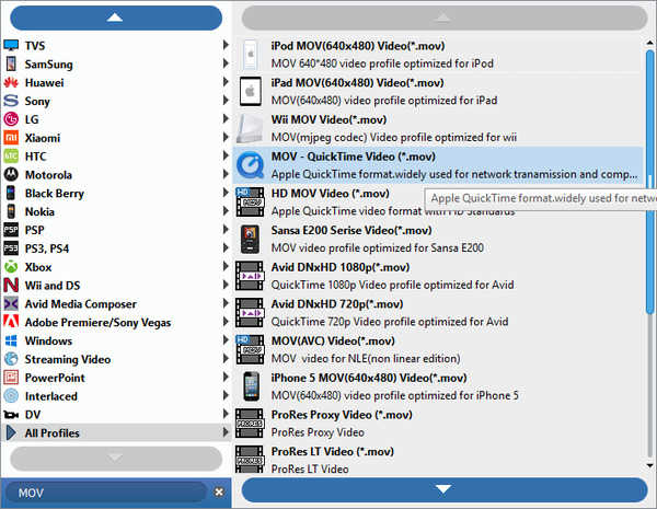 Scegli il file di output mov