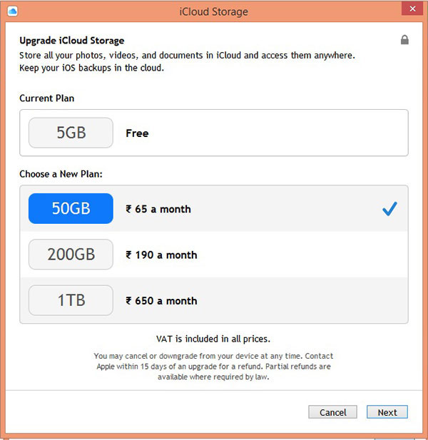 Plans de stockage iCloud sous Windows