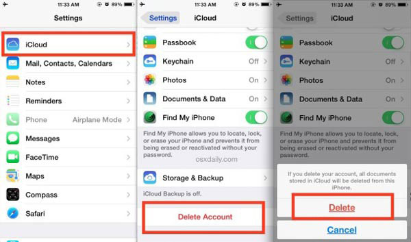 delete iCloud account on iPhone