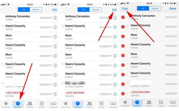 удалить историю звонков на iPhone