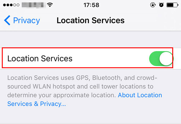 Poista Location Services ja Share Location käytöstä