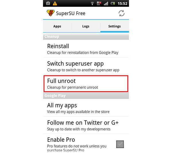 Reimposta telefono Android con rooting