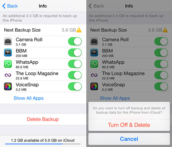Disattiva i file di backup di iCloud
