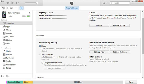 İPhone'da iTunes Yedekleme'ye erişim