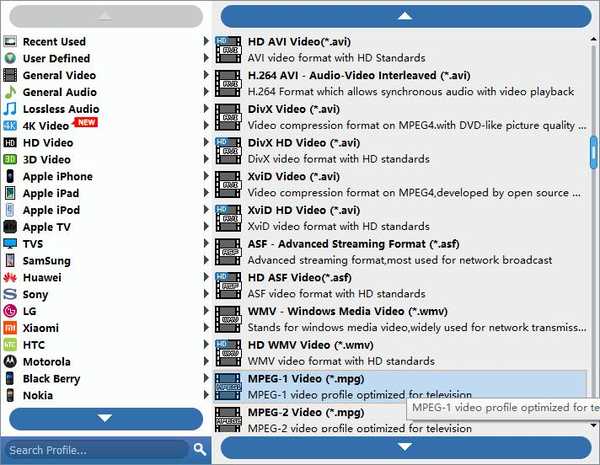 Scegli il formato MPG di output