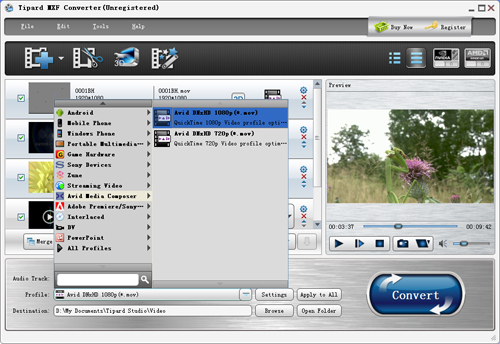 Add MXF files and select output format