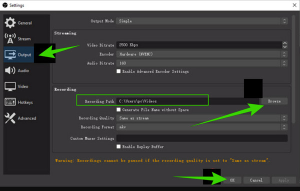 Modifica percorso file OBS