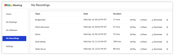 Zoho Meeting minhas gravações