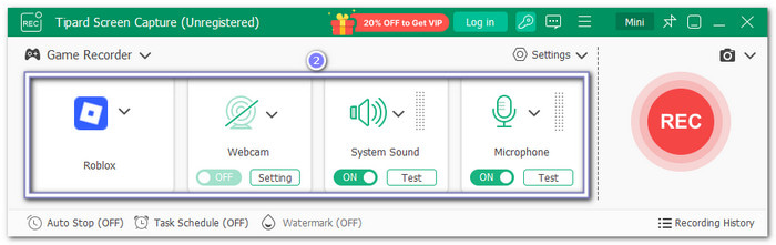 Select Roblox and toggle on recording options